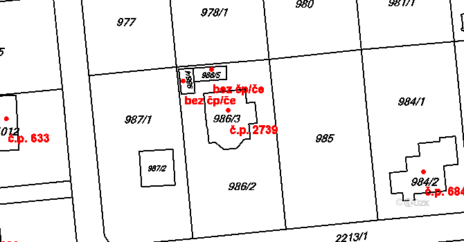 Stodůlky 2739, Praha na parcele st. 986/3 v KÚ Stodůlky, Katastrální mapa