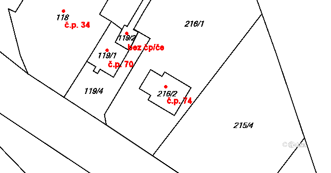 Břuchotín 74, Křelov-Břuchotín na parcele st. 216/2 v KÚ Břuchotín, Katastrální mapa