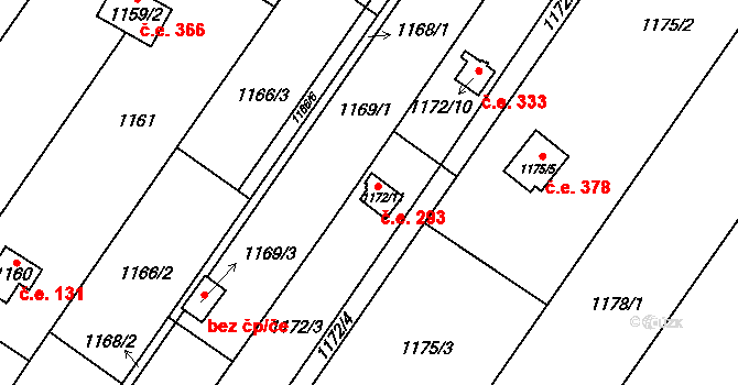 Želešice 293 na parcele st. 1172/11 v KÚ Želešice, Katastrální mapa
