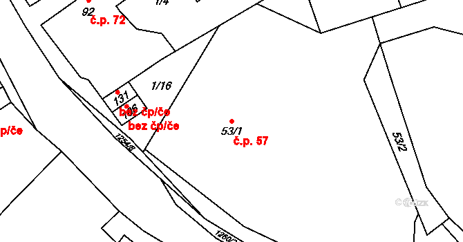 Mezno 57 na parcele st. 53/1 v KÚ Mezno, Katastrální mapa