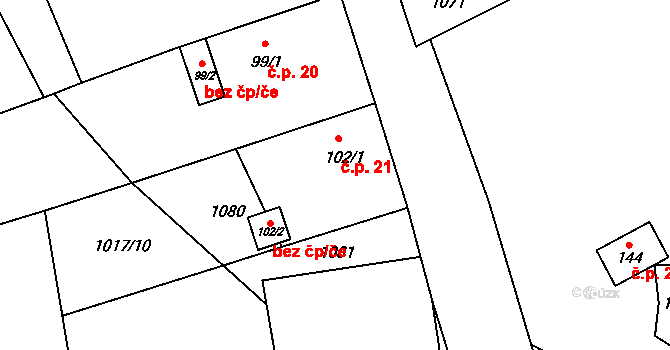 Chotětice 21, Sedlec-Prčice na parcele st. 102/1 v KÚ Divišovice, Katastrální mapa
