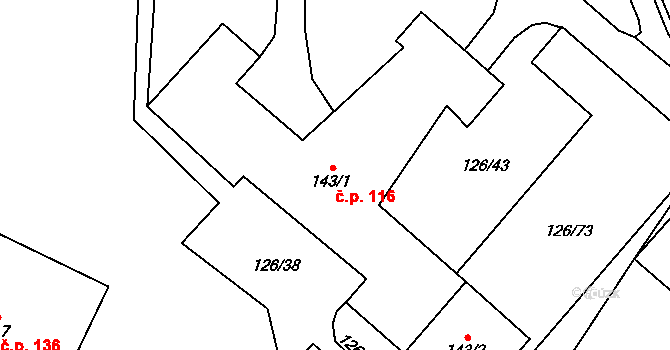 Dolní Rožínka 116 na parcele st. 143/1 v KÚ Dolní Rožínka, Katastrální mapa
