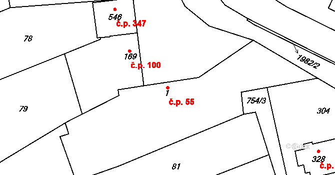 Louky 55, Zlín na parcele st. 1 v KÚ Louky nad Dřevnicí, Katastrální mapa