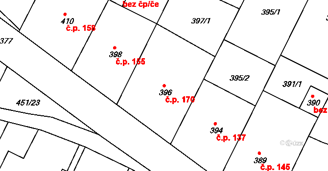 Lužkovice 170, Zlín na parcele st. 396 v KÚ Lužkovice, Katastrální mapa