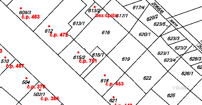 Lužice 44825471 na parcele st. 615/1 v KÚ Lužice u Hodonína, Katastrální mapa