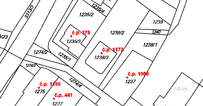 Hluk 1172 na parcele st. 1238/3 v KÚ Hluk, Katastrální mapa