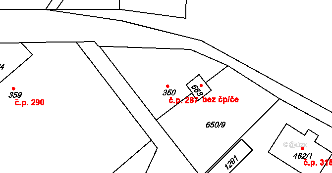 Luže 287 na parcele st. 350 v KÚ Luže, Katastrální mapa