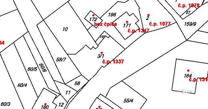 Litovel 1337 na parcele st. 3/1 v KÚ Chořelice, Katastrální mapa