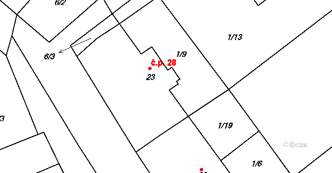 Jelenice 28, Malý Újezd na parcele st. 23 v KÚ Jelenice u Mělníka, Katastrální mapa