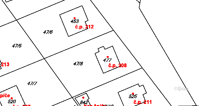 Třebotov 208 na parcele st. 477 v KÚ Třebotov, Katastrální mapa