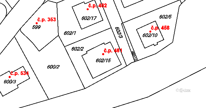 Všenory 461 na parcele st. 602/15 v KÚ Všenory, Katastrální mapa