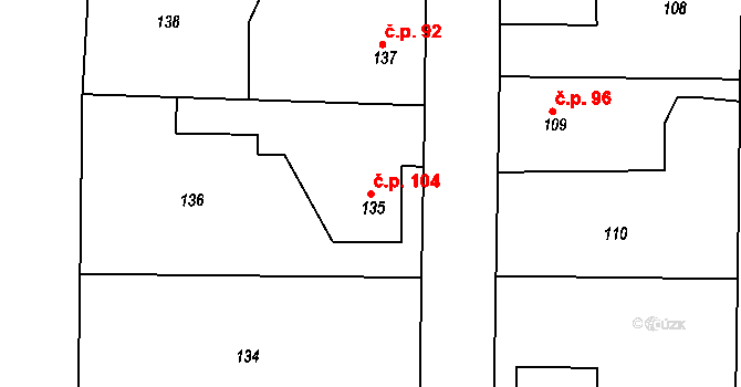 Nový Ples 104 na parcele st. 135 v KÚ Nový Ples, Katastrální mapa
