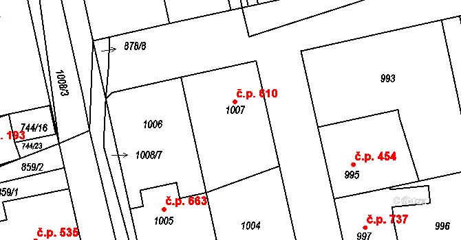 Třemošná 610 na parcele st. 1007 v KÚ Třemošná, Katastrální mapa