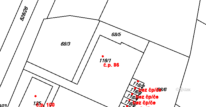 Slepotice 86 na parcele st. 116/1 v KÚ Slepotice, Katastrální mapa