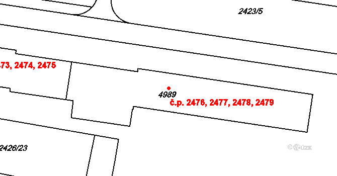 Zelené Předměstí 2476,2477,2478,2479, Pardubice na parcele st. 4989 v KÚ Pardubice, Katastrální mapa