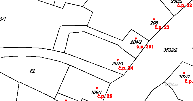 Lysice 24 na parcele st. 204/1 v KÚ Lysice, Katastrální mapa