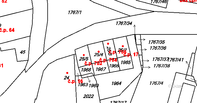 Horní Bříza 754 na parcele st. 25/4 v KÚ Horní Bříza, Katastrální mapa
