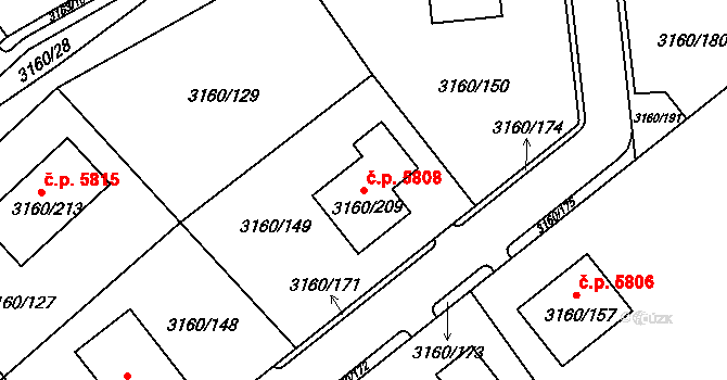 Chomutov 5808 na parcele st. 3160/209 v KÚ Chomutov II, Katastrální mapa