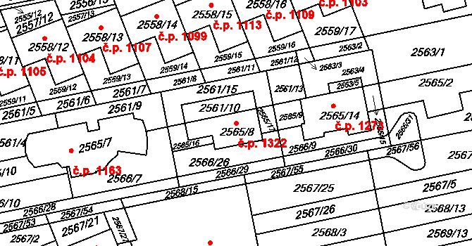 Komín 1322, Brno na parcele st. 2565/8 v KÚ Komín, Katastrální mapa