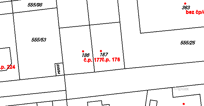 Krušovice 176 na parcele st. 187 v KÚ Krušovice, Katastrální mapa