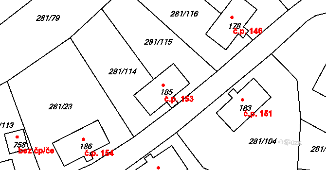 Loučovice 153 na parcele st. 185 v KÚ Loučovice, Katastrální mapa