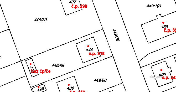 Merklín 318 na parcele st. 444 v KÚ Merklín u Přeštic, Katastrální mapa