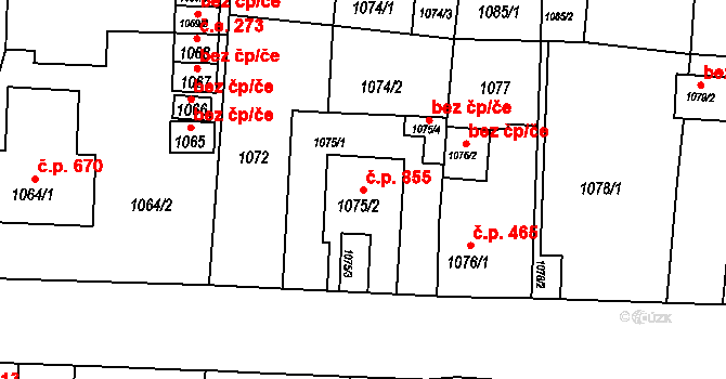 Podbořany 855 na parcele st. 1075/2 v KÚ Podbořany, Katastrální mapa