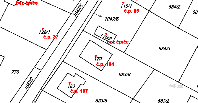 Mírovka 104, Havlíčkův Brod na parcele st. 179 v KÚ Mírovka, Katastrální mapa