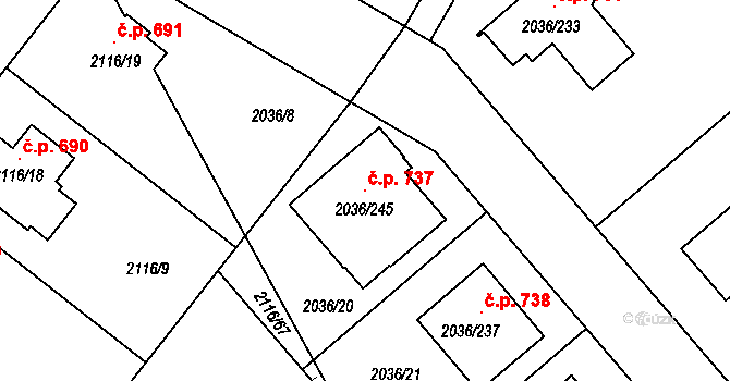 Vacenovice 737 na parcele st. 2036/245 v KÚ Vacenovice u Kyjova, Katastrální mapa