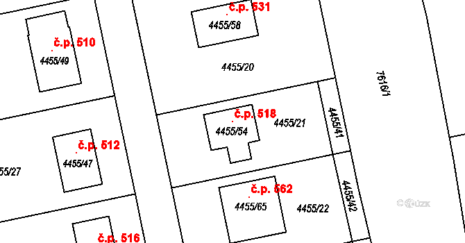 Lískovec 518, Frýdek-Místek na parcele st. 4455/54 v KÚ Lískovec u Frýdku-Místku, Katastrální mapa