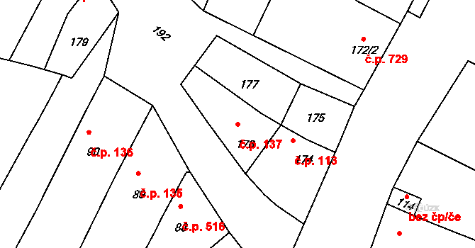 Drnholec 137 na parcele st. 176 v KÚ Drnholec, Katastrální mapa
