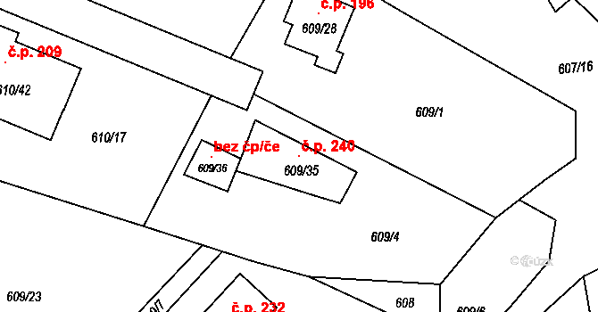 Šebrov 240, Šebrov-Kateřina na parcele st. 609/35 v KÚ Šebrov, Katastrální mapa