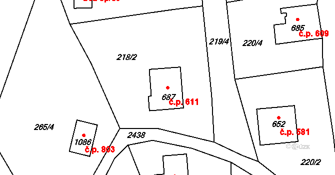 Lučany nad Nisou 611 na parcele st. 687 v KÚ Lučany nad Nisou, Katastrální mapa