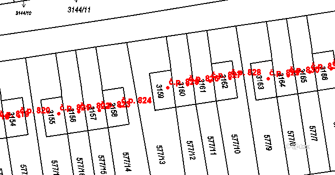 Lyžbice 825, Třinec na parcele st. 3159 v KÚ Lyžbice, Katastrální mapa