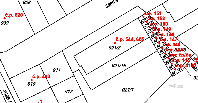Vyškov-Předměstí 544,605, Vyškov na parcele st. 921/2 v KÚ Vyškov, Katastrální mapa