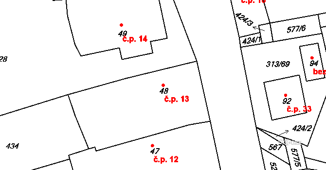 Tůně 13, Nechanice na parcele st. 48 v KÚ Tůně u Nechanic, Katastrální mapa