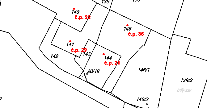 Konětopy 21, Milín na parcele st. 144 v KÚ Konětopy u Příbramě, Katastrální mapa