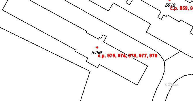 Nové Dvory 974,975,976,977,978, Třebíč na parcele st. 5486 v KÚ Třebíč, Katastrální mapa