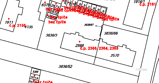 Břeclav 2364,2365,2366 na parcele st. 2568 v KÚ Břeclav, Katastrální mapa