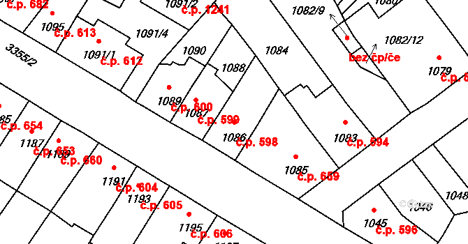 Pelhřimov 598 na parcele st. 1086 v KÚ Pelhřimov, Katastrální mapa