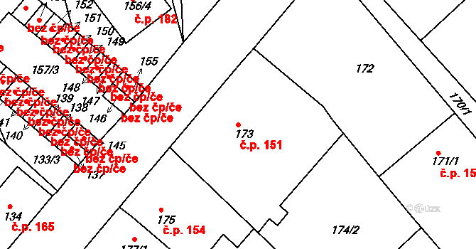 Hudcov 151, Teplice na parcele st. 173 v KÚ Hudcov, Katastrální mapa