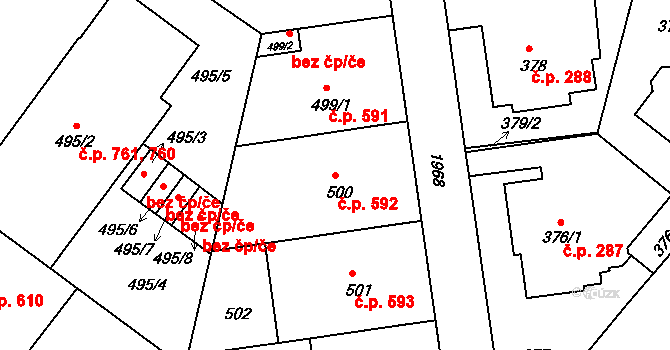 Podolí 592, Praha na parcele st. 500 v KÚ Podolí, Katastrální mapa