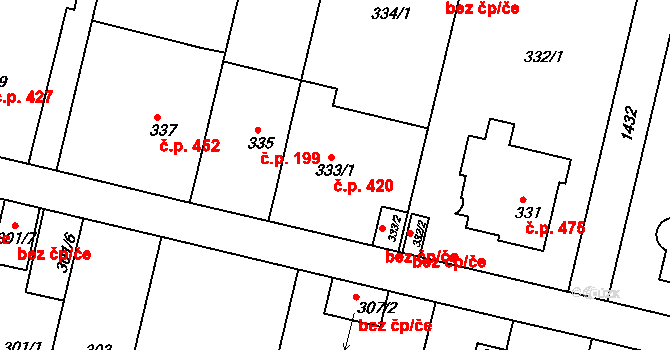 Jinonice 420, Praha na parcele st. 333/1 v KÚ Jinonice, Katastrální mapa