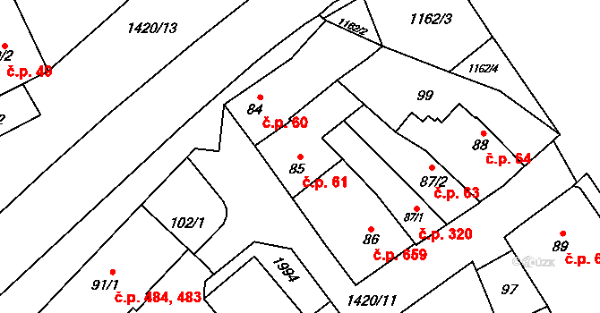 Chválkovice 61, Olomouc na parcele st. 85 v KÚ Chválkovice, Katastrální mapa