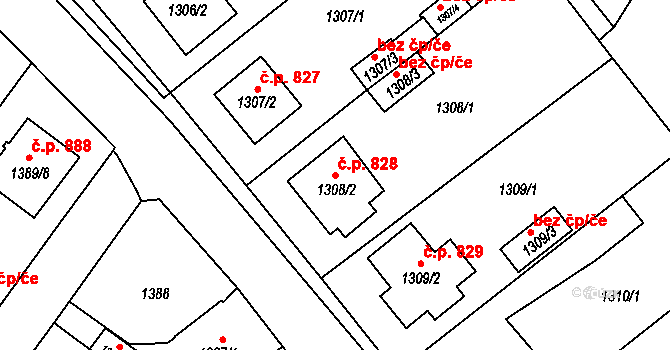 Teplické Předměstí 828, Bílina na parcele st. 1308/2 v KÚ Bílina, Katastrální mapa