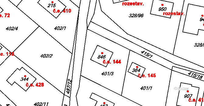 Nový Hradec Králové 144, Hradec Králové na parcele st. 846 v KÚ Kluky, Katastrální mapa