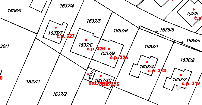 Želešice 325 na parcele st. 1637/9 v KÚ Želešice, Katastrální mapa