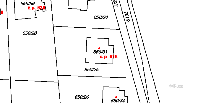 Dubeč 616, Praha na parcele st. 650/31 v KÚ Dubeč, Katastrální mapa