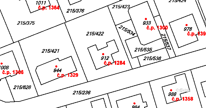 Rudná 1284 na parcele st. 912 v KÚ Hořelice, Katastrální mapa
