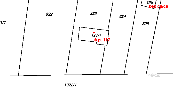 Radonice nad Ohří 117, Peruc na parcele st. 141/1 v KÚ Radonice nad Ohří, Katastrální mapa
